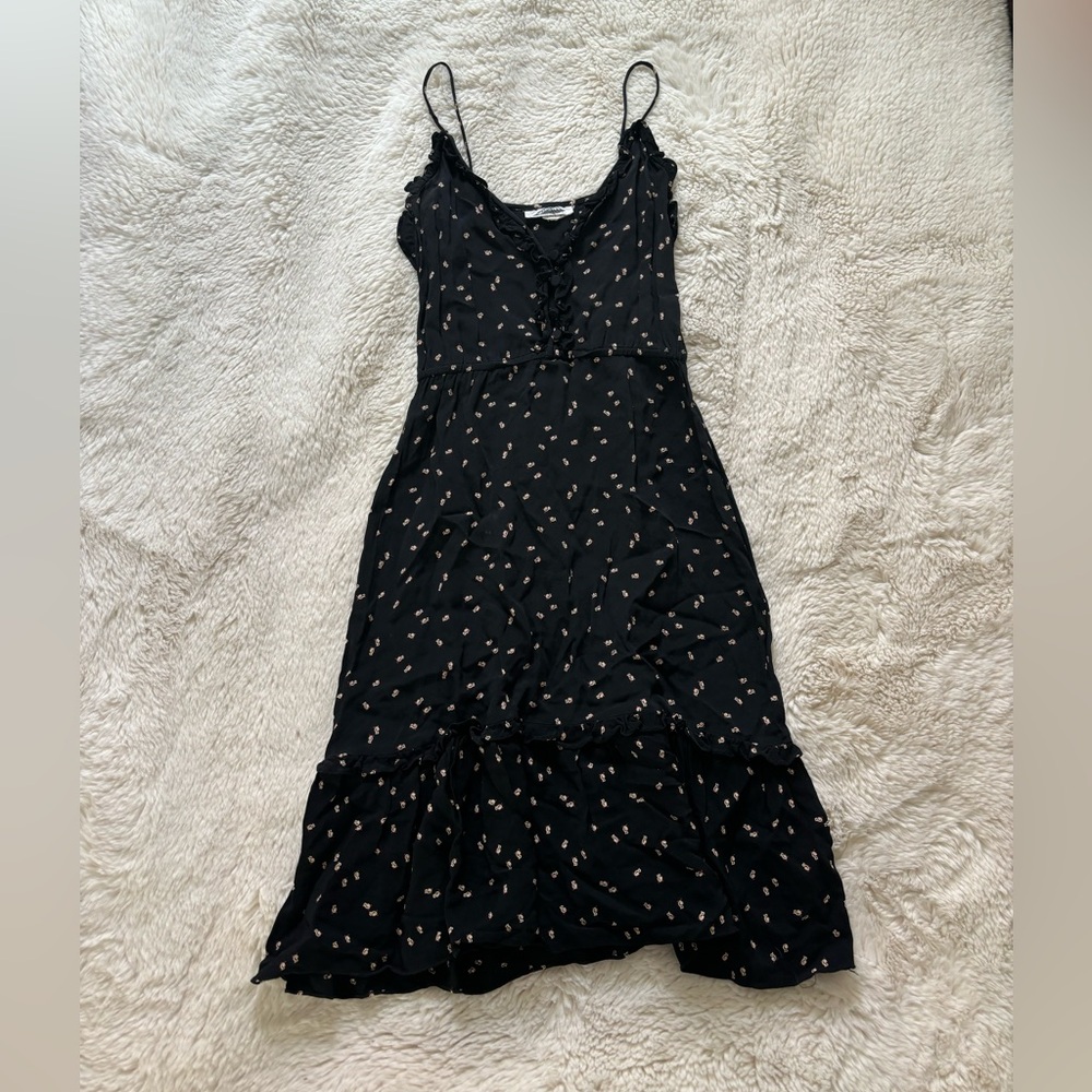 VTG Black Bird Print Midi Dress with Ruffle Trim